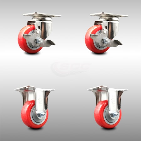 Service Caster 3 Inch 316SS Red Polyurethane Swivel Top Plate Caster Brake 2 Rigid SCC, 2PK SCC-SS31620S314-PPUB-RED-TLB-2-R-2